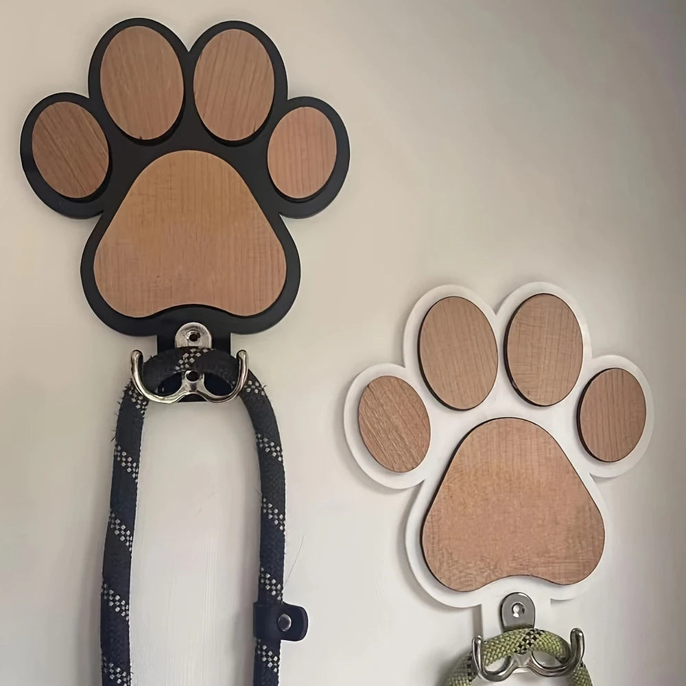 Paw Print Wooden Dog Leash Hanger Wall Hook for Collars & Leads in Black or White.