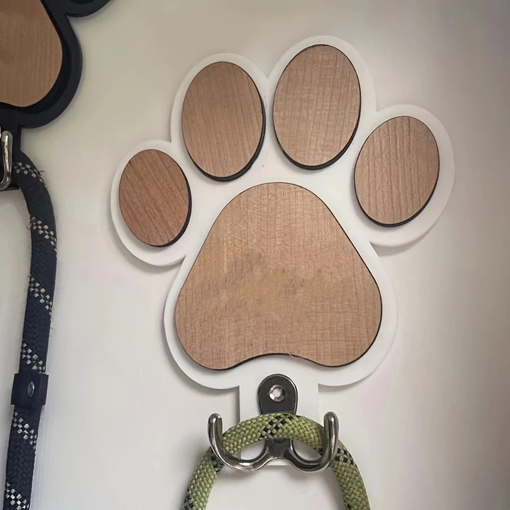 Paw Print Wooden Dog Leash Hanger Wall Hook for Collars & Leads in Black or White.