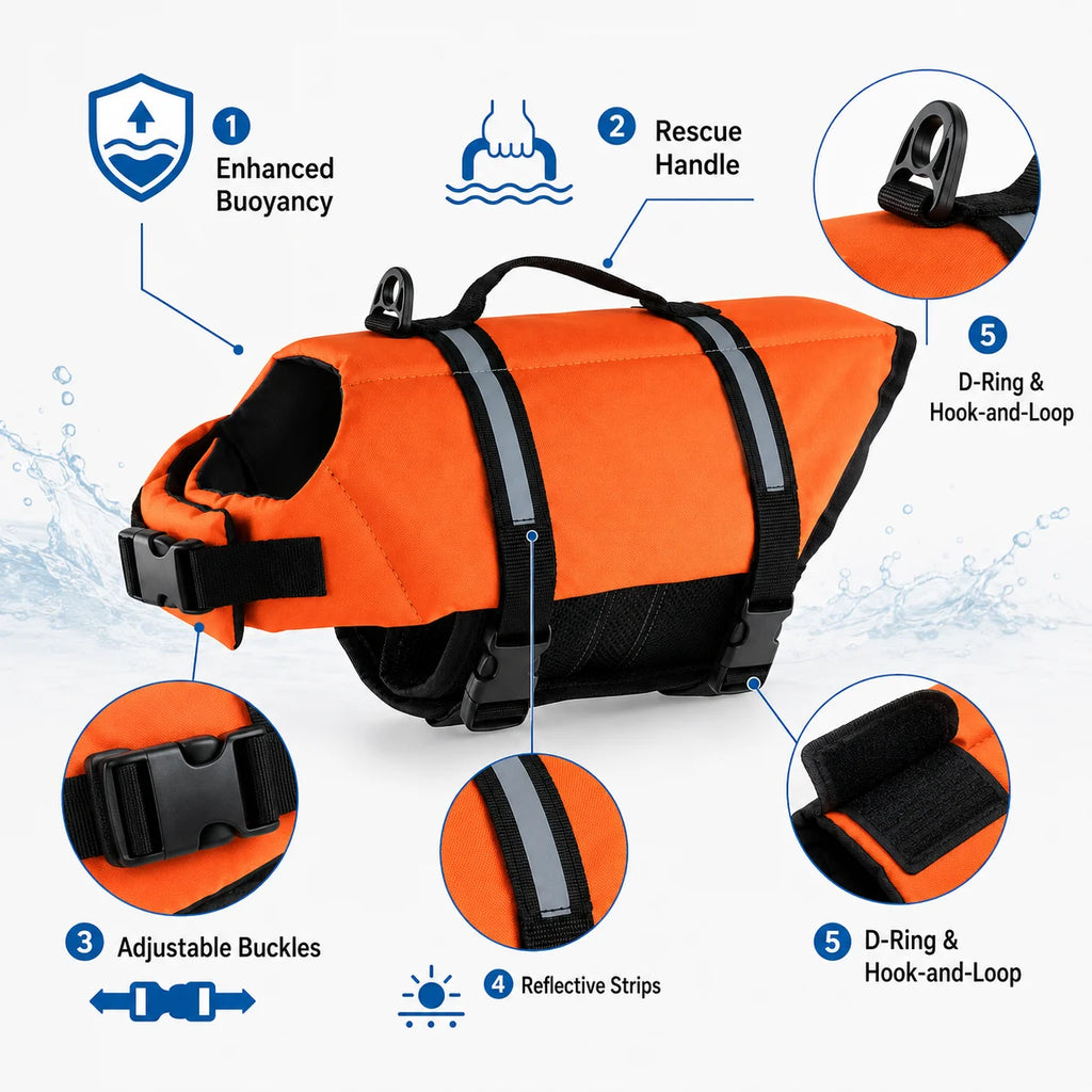 Dog Life Jacket Reflective Adjustable & with Rescue Handle