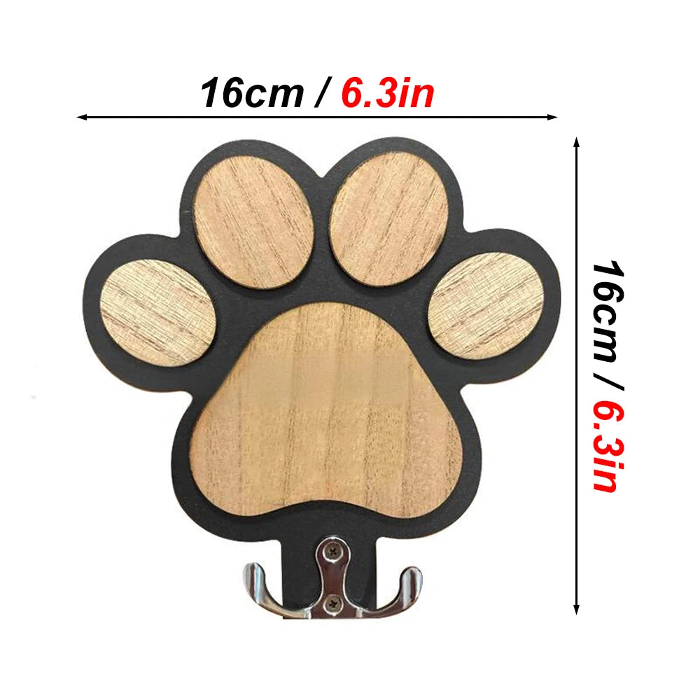 Paw Print Wooden Dog Leash Hanger Wall Hook for Collars & Leads in Black or White.