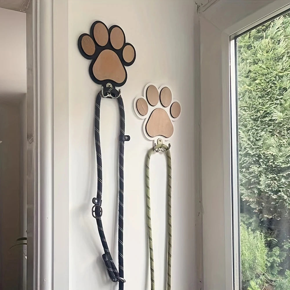Paw Print Wooden Dog Leash Hanger Wall Hook for Collars & Leads in Black or White.