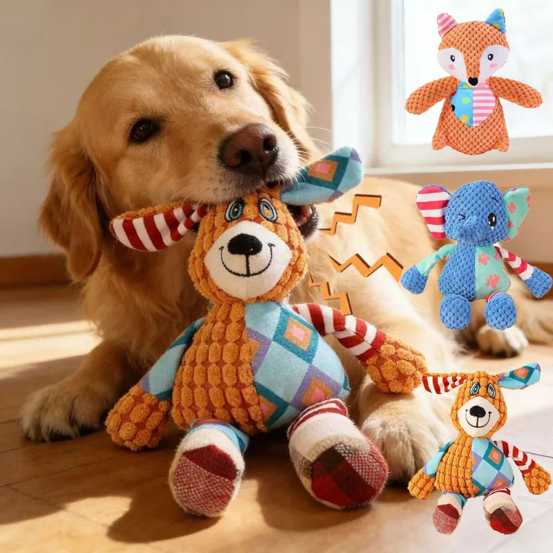 Dog Chew Toy Cute Animals with Squeak, great for teeth cleaning and entertainment.