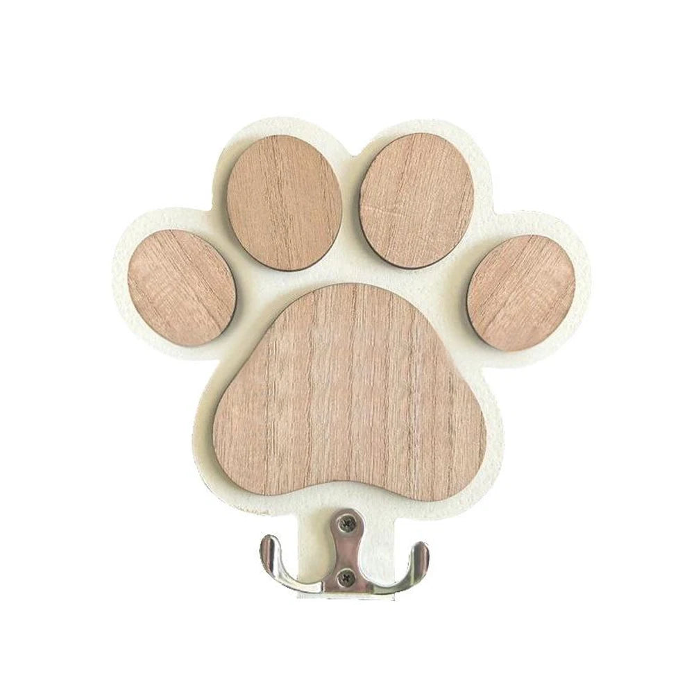 Paw Print Wooden Dog Leash Hanger Wall Hook for Collars & Leads in Black or White.
